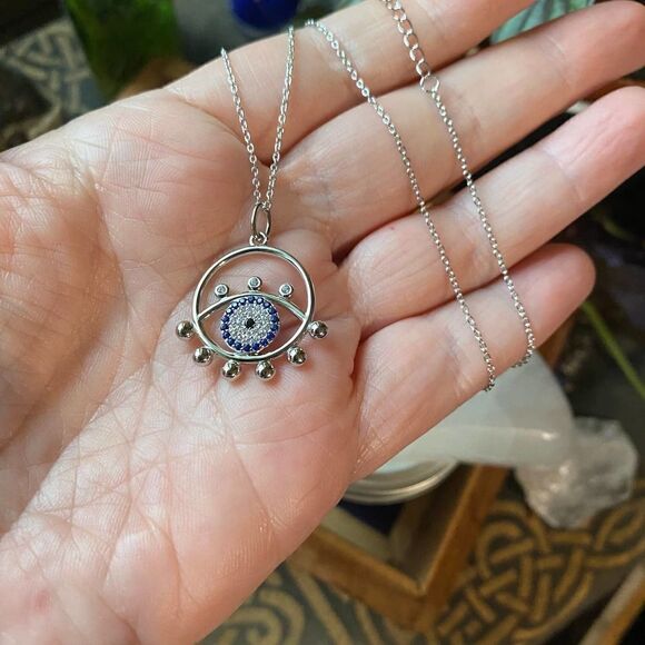 Evil Eye Sterling Silver CZ Blue Eyed Sapphire Necklace - Picture 4 of 6
